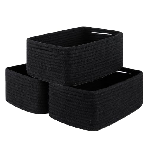 OIASKET 3 Pack Small Storage Baskets for Organizing, Cute Woven Decorative Gift Baskets for Shelves, Mini Closet Organizer Bins with Handles, 11.81''Lx7.87''Wx4.72''H-Black