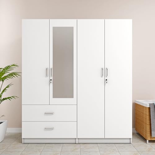 Image of VIKI Wardrobe | Wooden Almirah for 4 Door 2 Drawer with Shelves & 2 Hanging Space Mirror Wardrobe (Frosty White - 40D x 160W x 180.8H) | 1 Year Warranty | Free Assembly