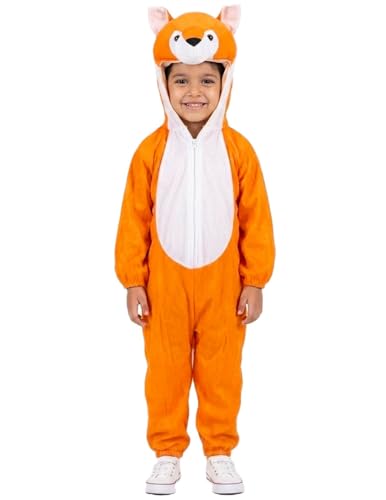 Image of BookMyCostume Orange Fox Animal Jumpsuit for Kids - Full-Body Suit with Attached Hood for Boys & Girls - School Annual Day, Forest Theme Party & Drama Stage Play Outfit | 6-7 Years