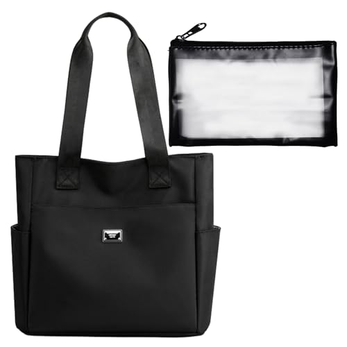 1 bolso de mano para mujer y 1 bolsa de cosméticos, bolso de mano impermeable de gran capacidad, bolso de compras con compartimento de nailon, adecuado para la escuela, desplazamientos, (negro)