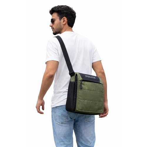 Image of Police Unisex Hedge premium Crossbody Bag | Durable Nylon Sling Bag for Men & Women | Adjustable Strap | Army Green & Black