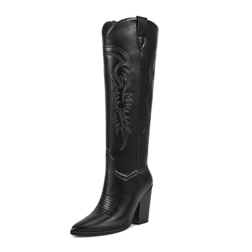 ISNOM Black Cowboy Boots for Women Cowgirl Western Boots Womens Knee High Cowboy Boot Tall Wide Calf Cowboy Boot