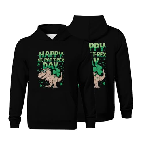 Kids Funny Happy St Pat Trex Day Dinosaur St Patricks Day Boys Girls Lightweight Kangaroo Pocket Fleece Hoodies