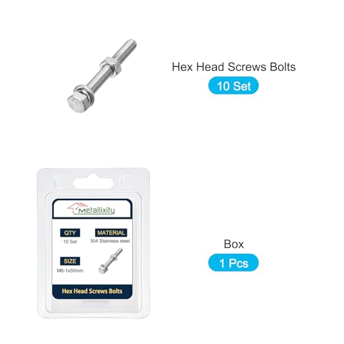Image of METALLIXITY Hex Head Screws Bolts, Nuts, Flat & Lock Washers Kits (M6-1x50mm) 10 Set, Stainless Steel Fully Threaded Machine Screws Bolt Set - for Home Appliance Equipment