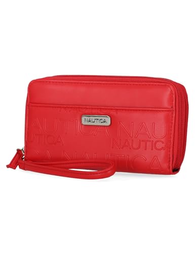 Nautica Carteira feminina de couro vegano com zíper duplo com alça de pulso, vermelho Fuego