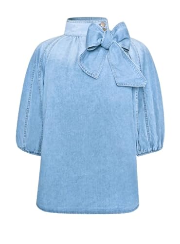 Womens Denim Shirt Button Down Mock Neck Jean Blouse Puff Sleeve Bow Tie Casual Blouses Tops2
