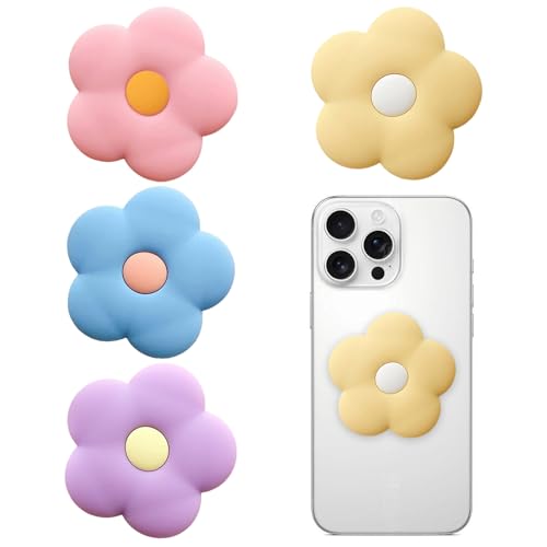 Soporte Plegable para teléfono con Forma de Flor (4 Unidades), Base Extensible de PVC Suave, Agarre retráctil para Smartphones y tabletas, Accesorio Manos Libres (Rosa, Amarillo, Morado, Azul).