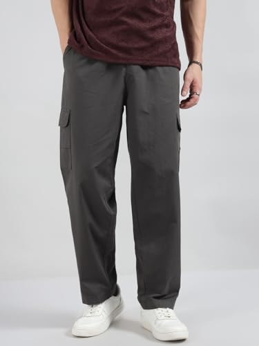 Image of Veirdo Pure Cotton Baggy Fit Regular Length Mid Rise 4 Pocket Cargos for Men (Colors: Black, Olive, Grey, Brown & Navy)