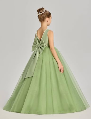Flower Girls Dress for Wedding Satin Tulle Pageant First Communion Dress Pearls Ball Gown with Bow-Knot2