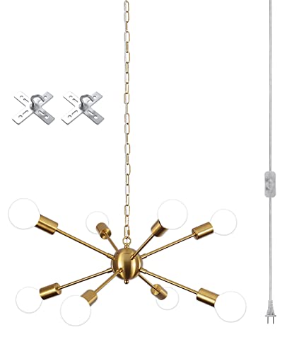 Image of LASENCHOO 8 Lights Plug in Chandelier Gold, Sputnik Hanging Lights Fixture | Plug in Pendant Light, Sputnik Outdoor Chandeliers for Gazebo Dining Room Living Room Bedroom Kitchen, 16.4ft Cord & Switch