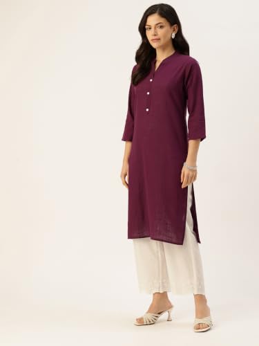 Image of feranoid Women's Plain Cotton Kurta with Mandarin Collar, 3 /4 Sleeves & Pocket