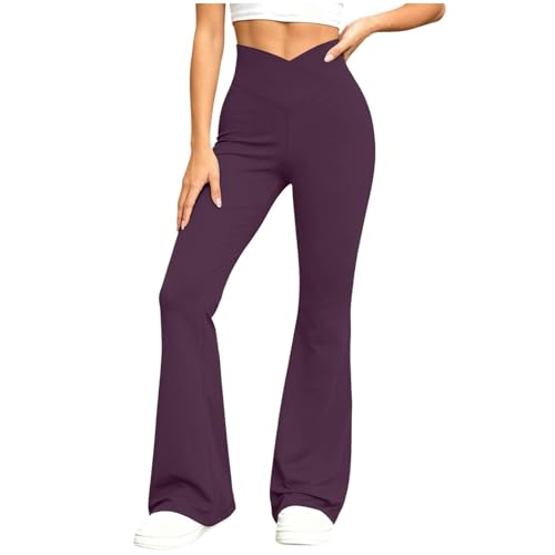 Women Crossover Flared Yoga Leggings Tummy Control Stretch Bootcut Workout Pants Gym Walking Daily Casual Outfit Purple 34 Inseam Pants for Women XS