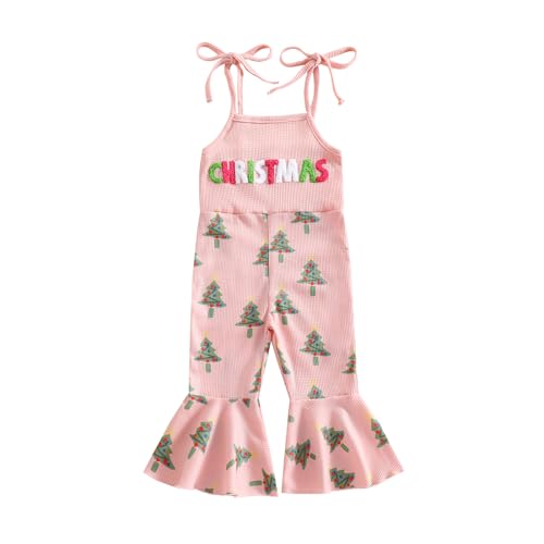 Emmababy Baby Christmas Outfit Girl Toddler Bell Bottom Jumpsuit Christmas Tree Print Flare Romper Kids Fall Winter Clothes (Christmas tree print 2-3T)