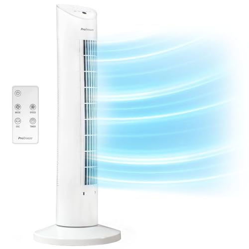 Pro Breeze® Ventilador de torre de 30 pulgadas con oscilación, motor ultra potente de 60 W, control remoto, temporizador de 7.5 horas y 3 modos de ventilador de refrigeración para el hogar y la