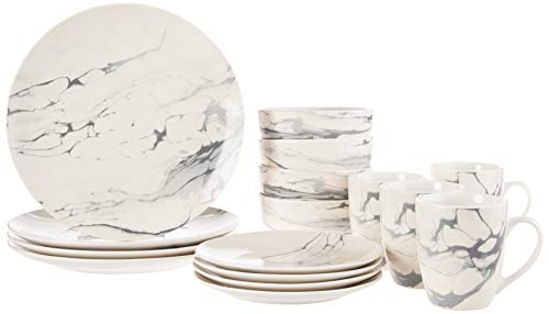 American Atelier Round Dinnerware Sets | White & Gray Kitchen Plates, Bowls, and Mugs | 16 Piece High Quality Stoneware Marble Collection 10.5 x 10.5 | Dishwasher & Microwave Safe | Service for 4