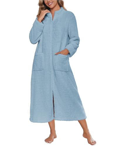 Image of Ekouaer Women Zipper Robe Fleece Long Sleeves Bathrobe Sleepwear Warm Soft Housecoat with Pockets Zip Up House Dresses