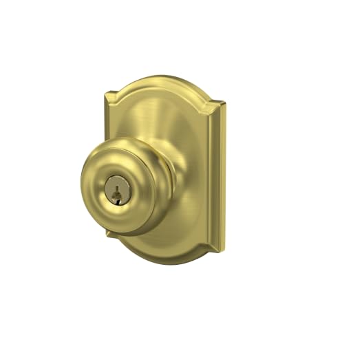 Image of SCHLAGE Georgian Keyed Entry Door Knob, Interior /Exterior, Satin Brass | Keyed entry door knob with turn-button lock, Easy to install, Certified security & durability, Universal fit, 2 keys