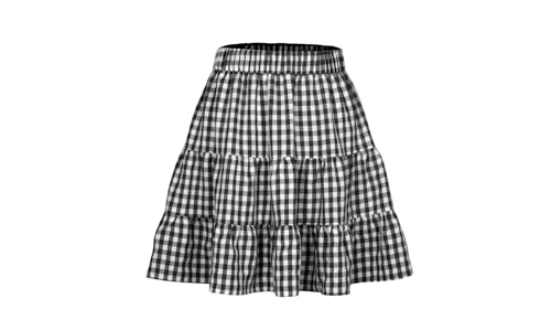 Womens High Waist Plaid Skirt Women Elastic Waist Plaid Print A-Line Skirt