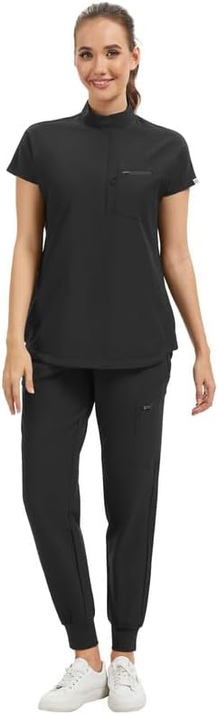 Kitmaz Women's Scrub Set - Convertible Mandarin/V-Neck Top & Jogger Pants, 9 Pockets, Wrinkle & Splash Proof