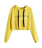 KIMWILL Women Hoodie Letter Printed Sweatshirt Pullover Drawstring Casual Gym Holiday Crop Tops(1-Yellow,Small)