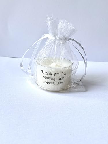 10x Tealight Candle in Organza Bag with 'Thank You for Coming' Message, Wedding/Party Favour (Thank you for sharing our special day)