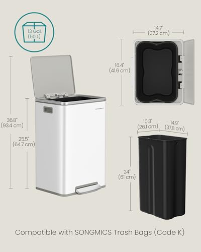 Image of SONGMICS Trash Can, 13 Gallon (50 L), Stainless Steel, Soft-Close Lid