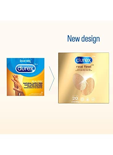 Durex Real Feel Condoms 20 Pack, Non-Latex Skin-on-Skin Feel Condoms for Natural Sensation, Great for Latex Sensitivity, Transmits Body Warmth, Value Pack of 20 for Couples