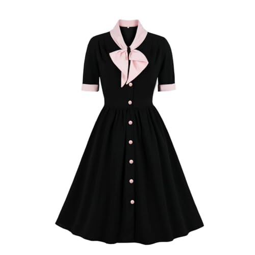 Vintage Women 1940s Bow Tie Neck Dress Retro 40s 50s Button Up Business Work A-line Cocktail Dresses