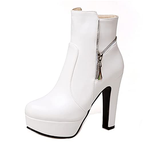 COOLCEPT Femmes Talon Haut Chaussons Plateforme Bottines Fermeture Éclair Bottes Courtes Bureau Mode Bottes White Taille 44Asian Cover