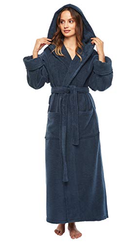 Arus Women's Full Length Long Hooded Soft Twist Robe Turkish Cotton Bathrobe Navy Blue Medium