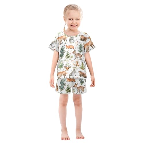 ALAZA Christmas Tree Deer Watercolor Pajamas Short Sleeve 2 Piece Sleepwear Top and Bottom Pajama Set Unisex3