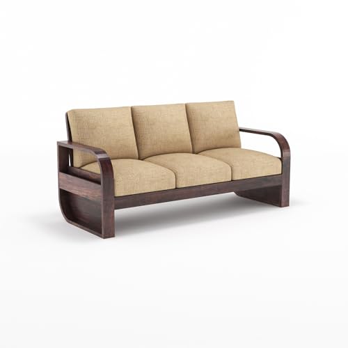 Image of Solid Sheesham Wood 5 Seater Sofa Set | Wooden Sofa Set for Your Living Room with Brown Cushions (3+1+1 Walnut Finish)