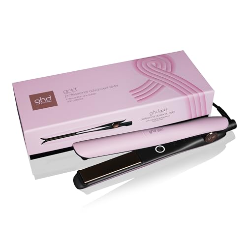 ghd Gold Limited Edition - Plancha de pelo en color rosa sorbete con funda protectora contra el calor, estilo profesional, para cabello liso con más brillo, sin cargas extremas de calor, para todo