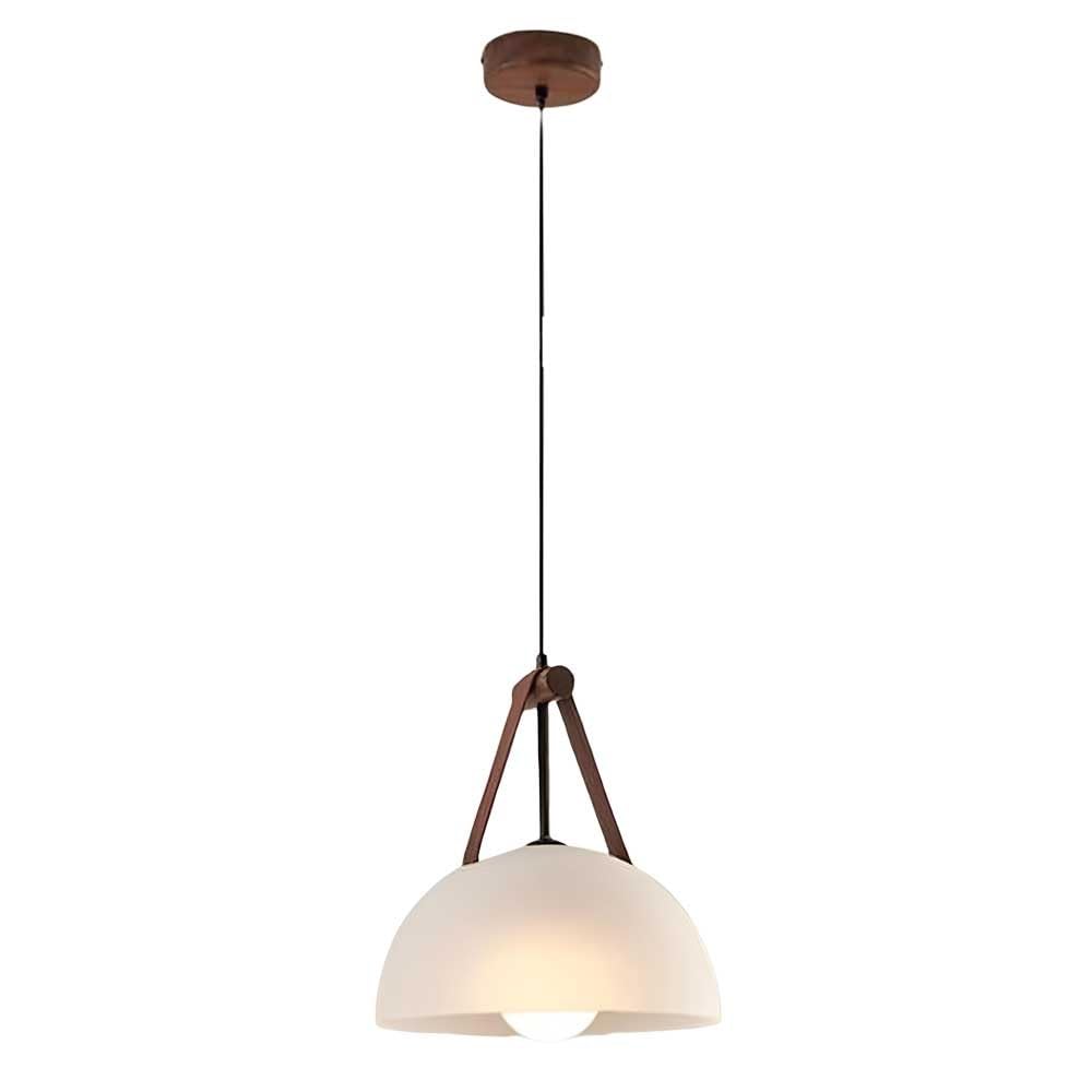 HUAYUSEDF Nordic Black Walnut Wood Pendant Light Brown Leather Strap Glass Dome Lamp Minimalist Copper Hardware Hanging Fixture for Dining Room Entryway Lighting 12 Inch Wide