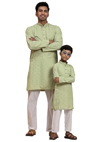 Image of Pro-Ethic Style Developer Men Silk Striped Father Son Matching Ethnic Wear Embroidery Mirror Work Kurta Pyjama Set |(Combo)B-117