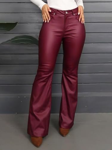 Flamingals Bootcut PU Leather High Waist Flare Legs Vintage Pocket Pants Winter Trendy2