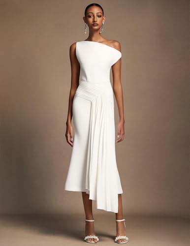White Chic Oblique Shoulder Sleeveless Pleated Cocktail Dress for Women Maxi Elegant Design Irregular Hem Party Dress2