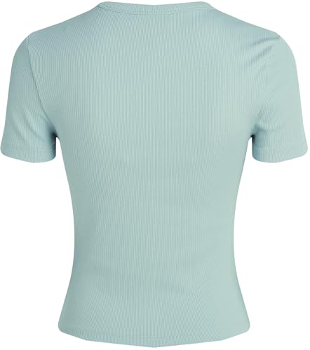 Calvin Klein Damen T-Shirt Kurzarm Woven Label Rib Tee Slim Fit, Türkis (Cloud Blue), XXL – Ansicht 6