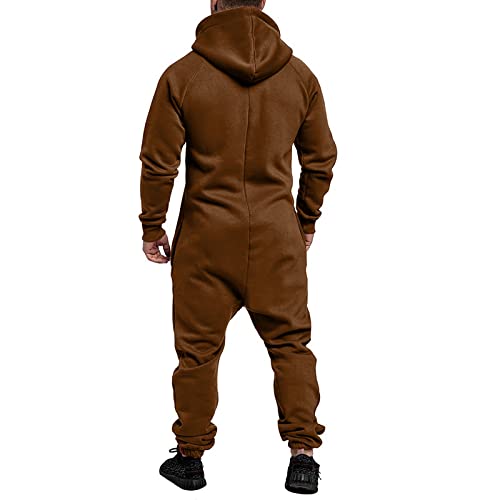 WUAI Onesie Men's Hooded Jumpsuit Zip Up One Piece Pajamas Playsuit Jogger Sweatsuit Overall Romper Coffee3
