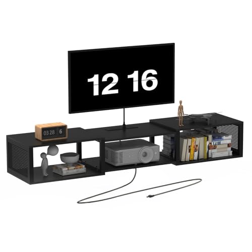 HOOBRO Floating TV Stand Wall Mounted with Power Outlet, Floating Entertainment Center for 65 inch TVs, Wall Mounted Entertainment Shelf with Storage, for Living Room, Bedroom, Black BB124UDS01