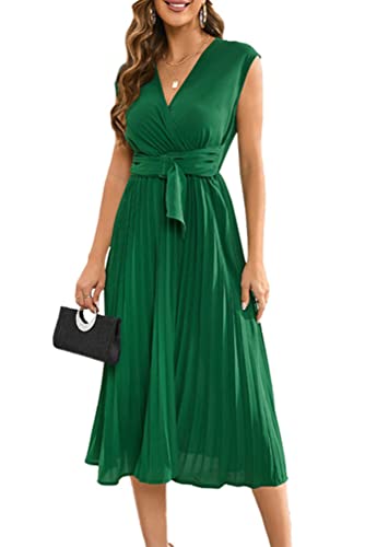 YuanDiann Vestido de verano sin mangas para mujer, acampanado, plisado, cuello en V, elegante, color liso, midi largo, casual, negocios, fiesta, cóctel, con cinturón, verde, M