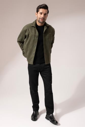 Image of PERCH Men Green Suede Solid Cut & Sew Jacket|Men's Stylish Jacket, Comfortable Regular Fit, Full Sleeves,Lightweight Design, Suitable for Casual Wear, Travel &Everyday Outfits