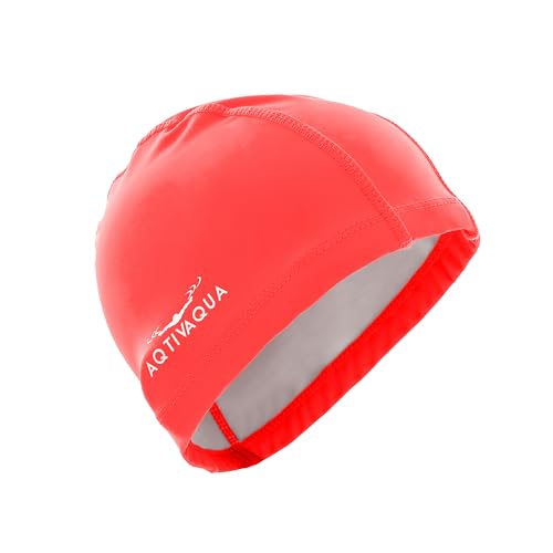 AqtivAqua Swimming Caps for Women Swim Cap Men Adult Kids Girls Boys Youth Hat (Red Color, Adult Size)