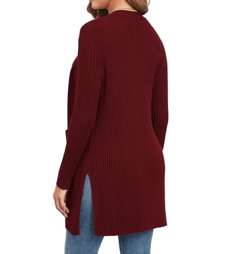 Image of Women's Cardigan Sweaters V-Neck Long Sleeves with Two Pockets Side Split Hem Open Front Knit Casual Cardigan