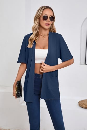 Image of Iandroiy Women's Lightweight Open Front Cardigans Casual Short Sleeve Blouse Tops
