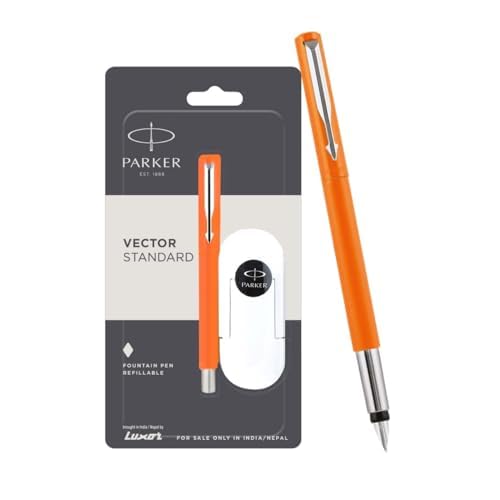 Parker Vector Standard Fountain Pen Chrome Trim Fine Nib with 3 Free Ink Cart | Body Color - Orange | Ink Color - Blue