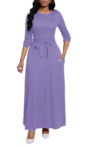 Image of BubFee Long Dress for Women Casual Long Sleeve Dresses Maxi Dress Empire Waist Loose with Belt