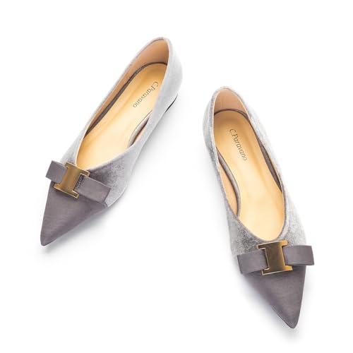C.Paravano Women's Pointed Toe Ballet Flats with Bow Slip-On Dressy Flats for Women Comfortable Elegant Casual Shoes for Work Part Daily Wear(Grey,Velvet,Size 6.5)