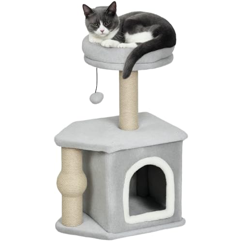 PawHut Arbre à Chat, Tour de Jeux pour Chats, Hauteur de 66 cm, avec poteaux à griffer en Jute, lit Maison pour Chat, Plateforme, Balle de Jeu, Gris Clair