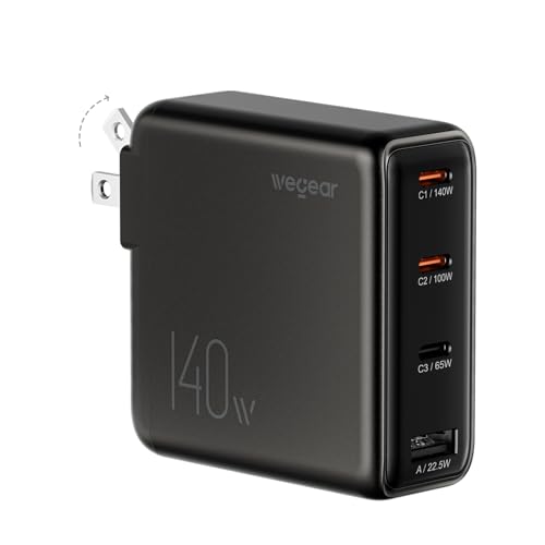 Image of 140W USB-C Charger for Laptop, wegear Slim 4-Port PD 3.1 GaN Fast Charging Block with Foldable Plug, Type‑C Wall Charger Power Adapter for MacBook Air /Pro, iPad, iPhone 17 /16 Series,Galaxy S25 (Black)